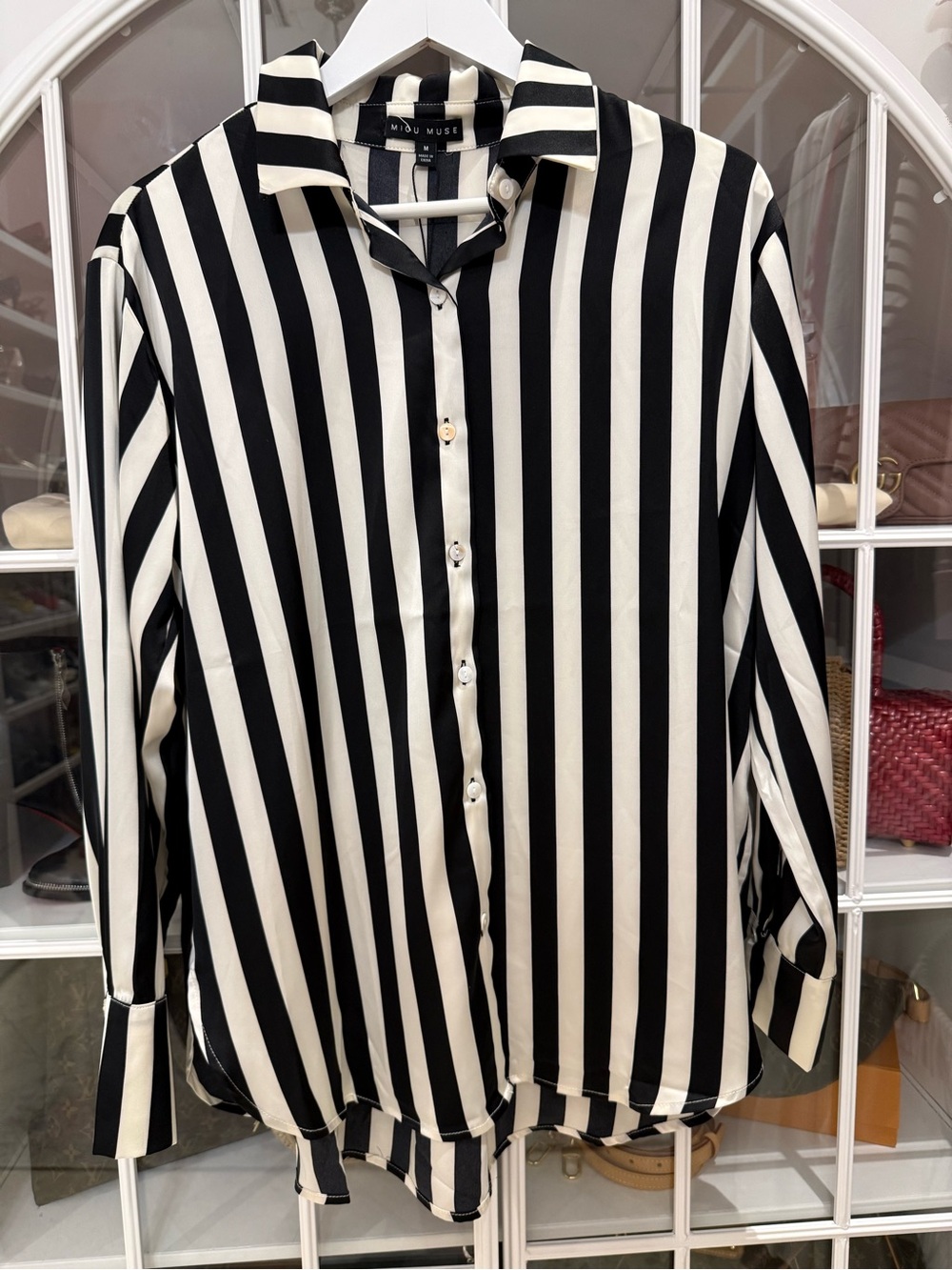 Miou Muse Black & White Vertical Stripe Button-Down Shirt